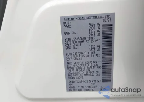 2023 Nissan Pathfinder Sl 4Wd z USA, uszkodzony, nr VIN 5N1DR3CD9PC257962